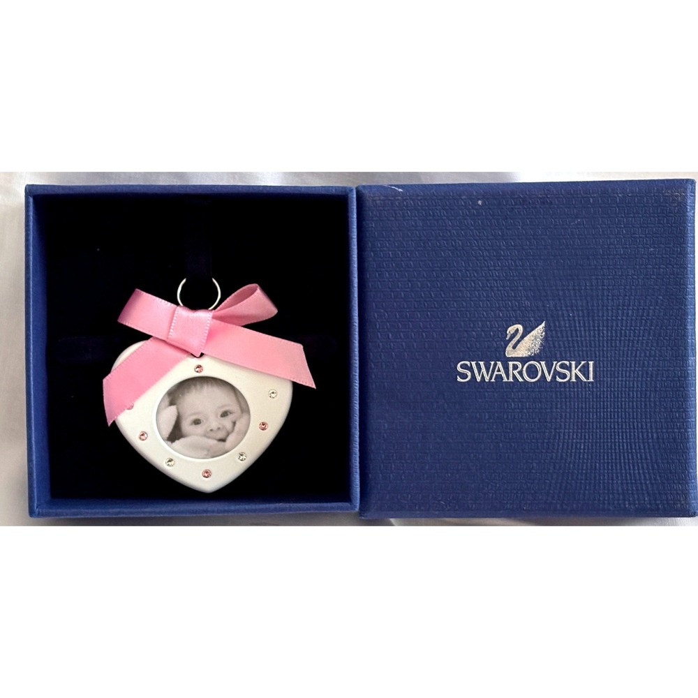 SWAROVSKI ~ Heart Shaped Baby Girl Mini Picture Frame Pink Crystals Bow in Box